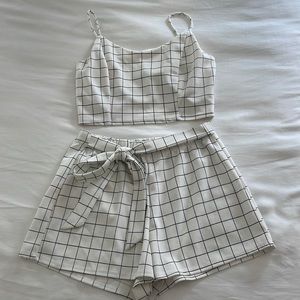 Plaid white and black two-piece matching set
